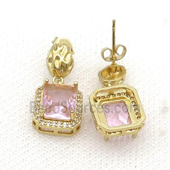 Copper Stud Earring Pave Zircon Pink Crystal Rectangle Gold Plated