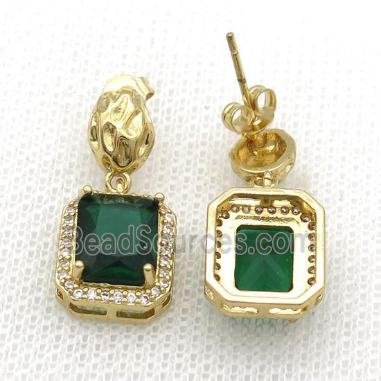 Copper Stud Earring Pave Zircon Green Crystal Rectangle Gold Plated