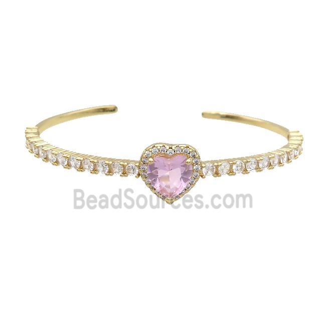 Copper Heart Bangle Pave Zircon Pink Crystal Gold Plated