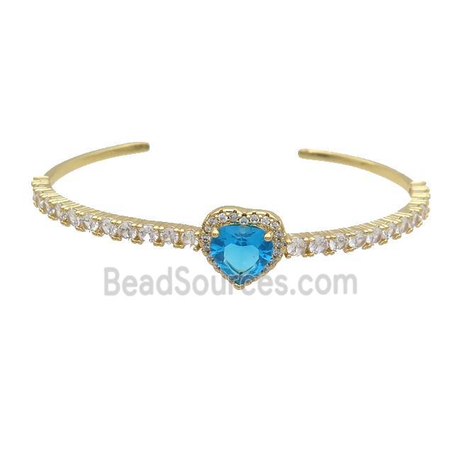 Copper Heart Bangle Pave Zircon Aqua Crystal Gold Plated