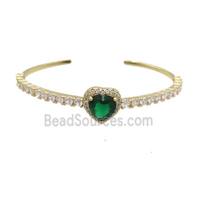 Copper Heart Bangle Pave Zircon Green Crystal Gold Plated