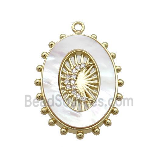 Copper Oval Pendant Pave Zircon White Shell Moon Gold Plated