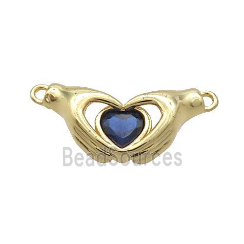 Copper Hand Heart Pendant Pave Blue Crystal 2loops Gold Plated