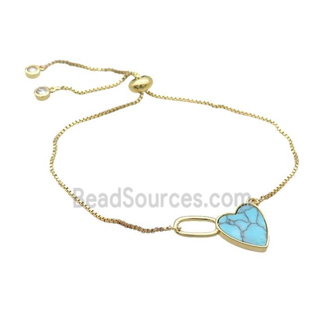 Copper Bracelet Blue Turquoise Heart Adjustable Gold Plated