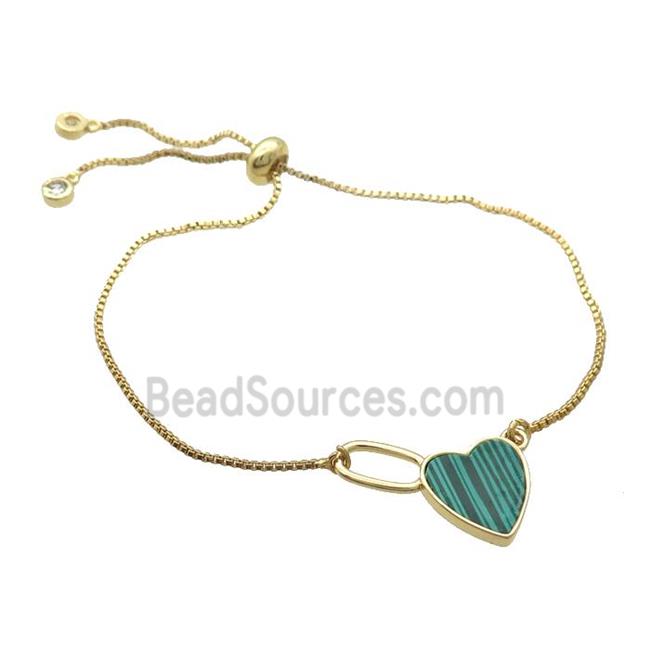 Copper Bracelet Green Malachite Heart Adjustable Gold Plated