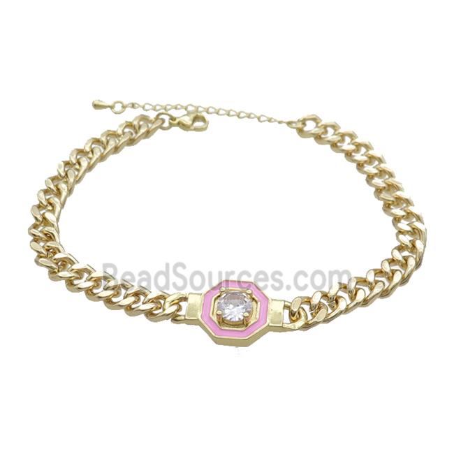 Copper Bracelet Pave Crystal Pink Enamel Gold Plated