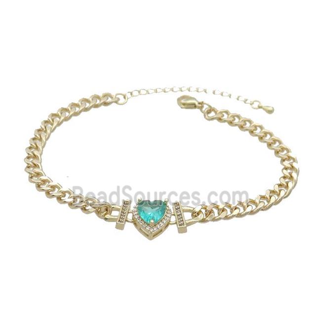 Copper Bracelet Pave Aqua Crystal Heart Gold Plated