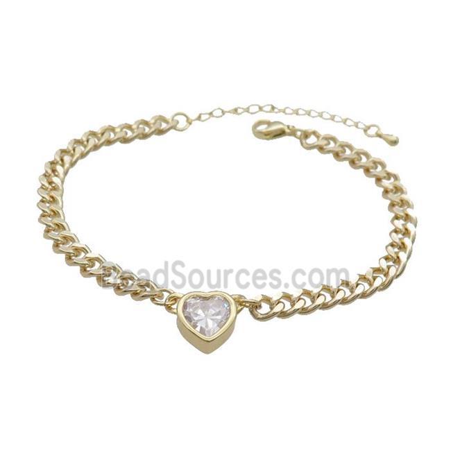 Copper Bracelet Pave Clear Crystal Heart Gold Plated