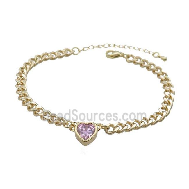 Copper Bracelet Pave Pink Crystal Heart Gold Plated