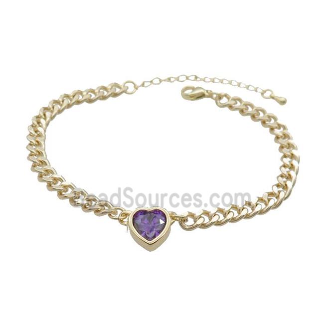 Copper Bracelet Pave Purple Crystal Heart Gold Plated