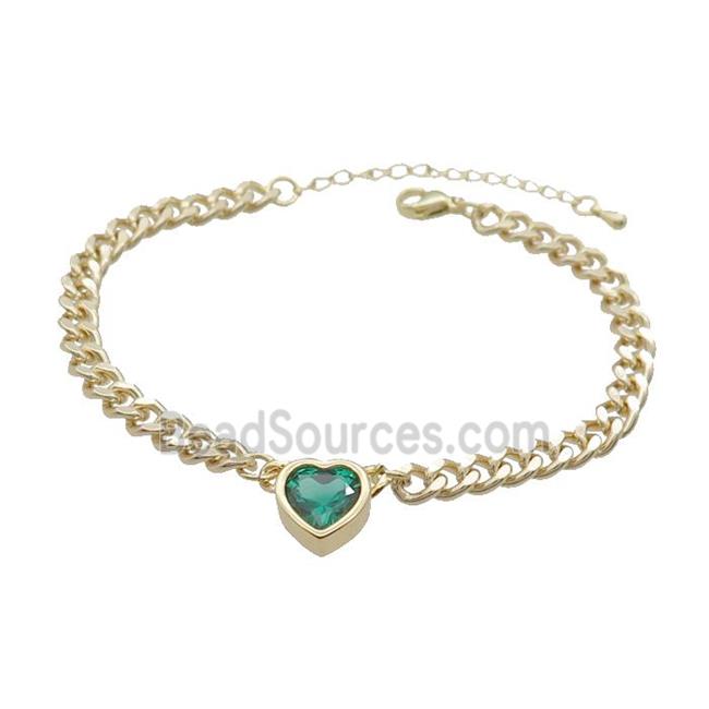 Copper Bracelet Pave Green Crystal Heart Gold Plated