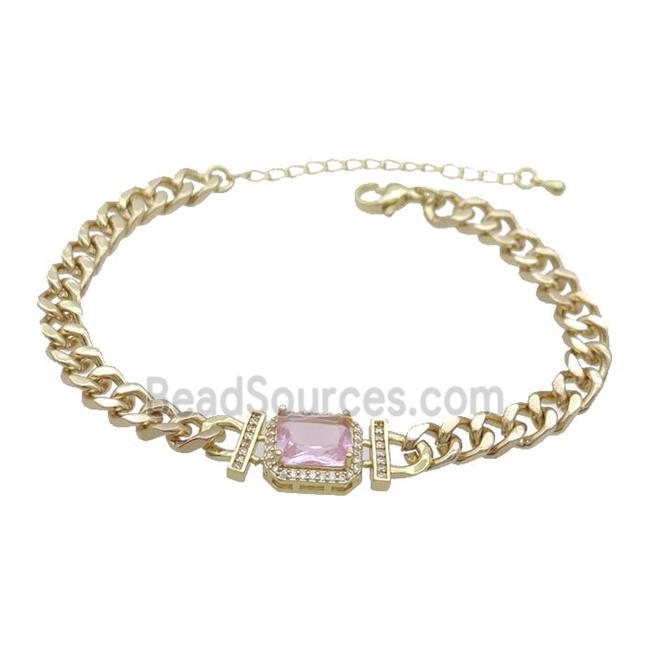 Copper Bracelet Pave Pink Crystal Rectangle Gold Plated