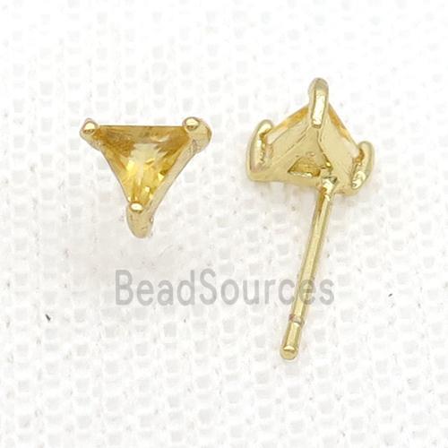 Copper Stud Earring Pave Zircon Yellow Crystal Triangle Gold Plated