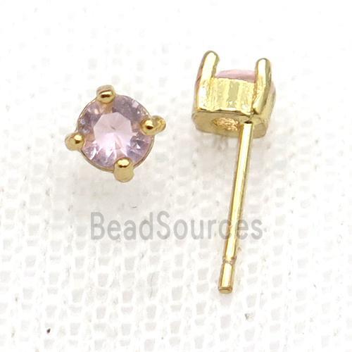 Copper Stud Earring Pave Zircon Pink Crystal Gold Plated