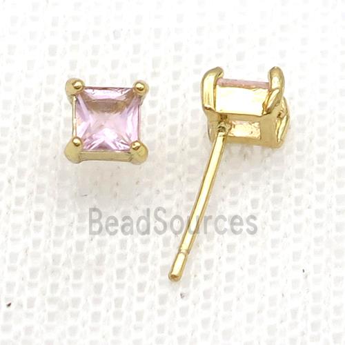 Copper Stud Earring Pave Zircon Pink Crystal Square Gold Plated