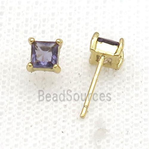 Copper Stud Earring Pave Zircon Purple Crystal Square Gold Plated