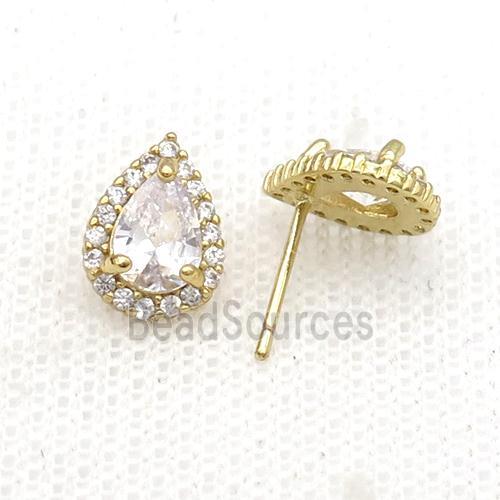 Copper Stud Earring Pave Zircon Clear Crystal Teardrop Gold Plated