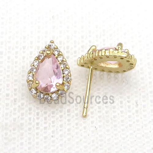 Copper Stud Earring Pave Zircon Pink Crystal Teardrop Gold Plated