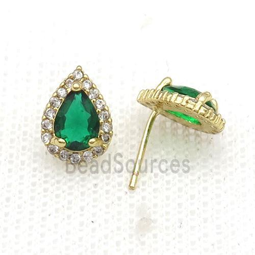 Copper Stud Earring Pave Zircon Green Crystal Teardrop Gold Plated