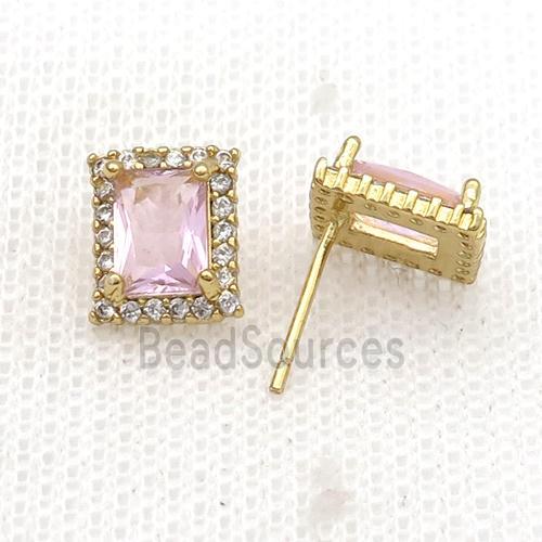 Copper Stud Earring Pave Zircon Pink Crystal Rectangle Gold Plated