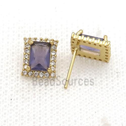 Copper Stud Earring Pave Zircon Purple Crystal Rectangle Gold Plated