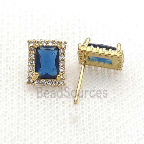 Copper Stud Earring Pave Zircon Blue Crystal Rectangle Gold Plated