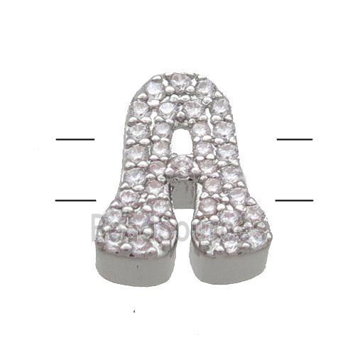 Copper Alphabet Beads Pave Zircon Letter-A 2holes Platinum Plated