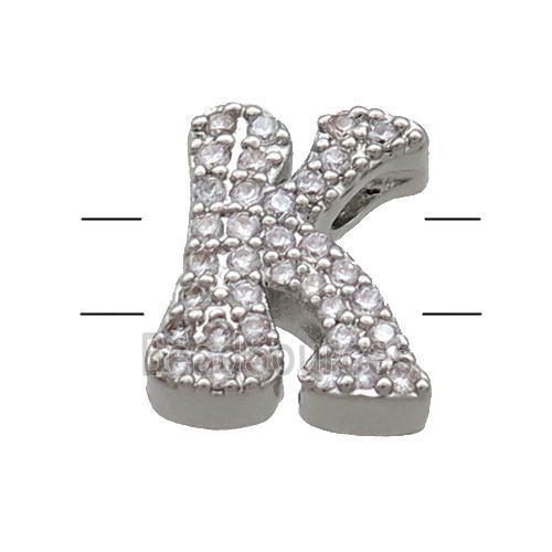 Copper Alphabet Beads Pave Zircon Letter-K 2holes Platinum Plated