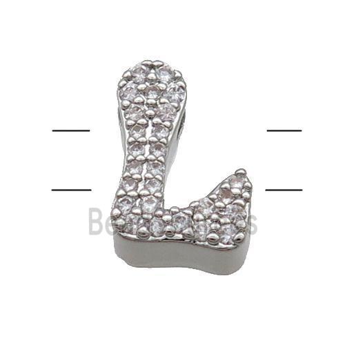 Copper Alphabet Beads Pave Zircon Letter-L 2holes Platinum Plated