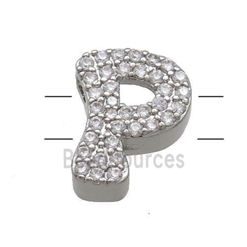 Copper Alphabet Beads Pave Zircon Letter-P 2holes Platinum Plated