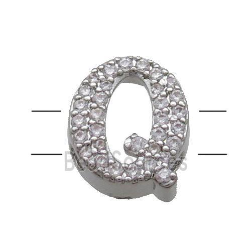 Copper Alphabet Beads Pave Zircon Letter-Q 2holes Platinum Plated