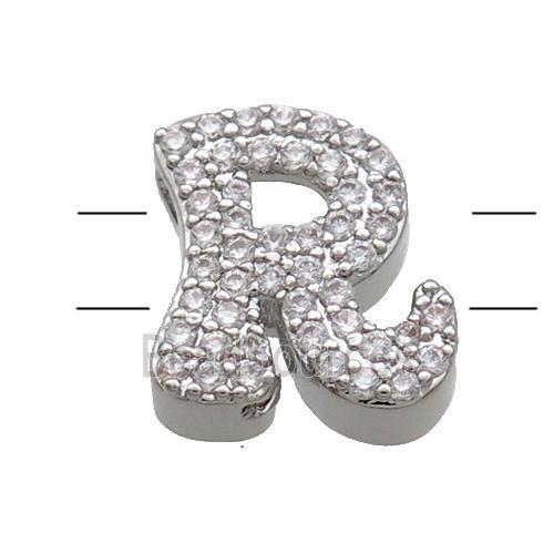 Copper Alphabet Beads Pave Zircon Letter-R 2holes Platinum Plated