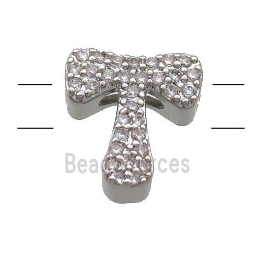 Copper Alphabet Beads Pave Zircon Letter-T 2holes Platinum Plated