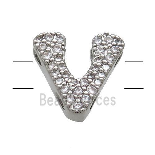 Copper Alphabet Beads Pave Zircon Letter-V 2holes Platinum Plated