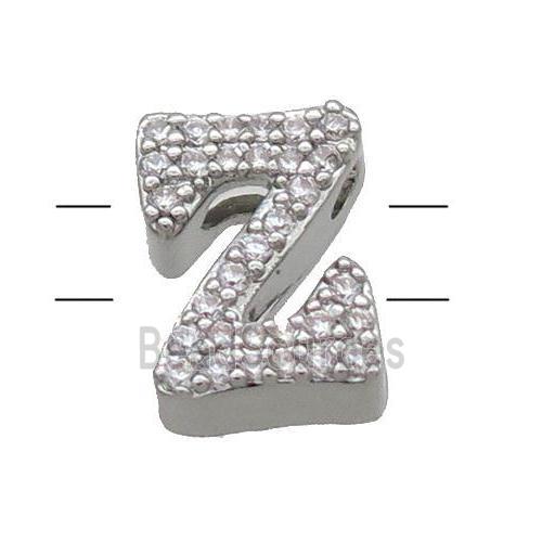 Copper Alphabet Beads Pave Zircon Letter-Z 2holes Platinum Plated