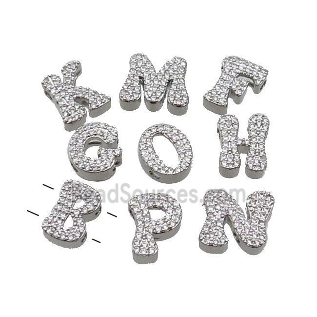 Copper Alphabet Beads Pave Zircon Mix Letter 2holes Platinum Plated