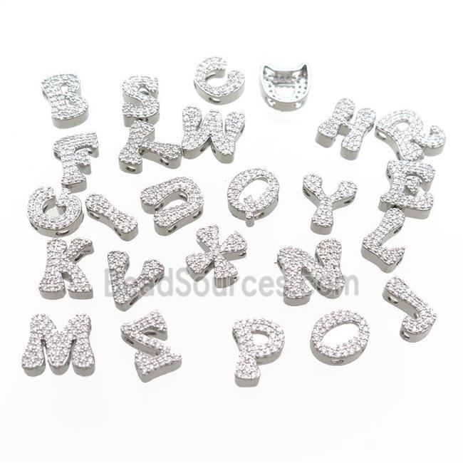 Copper Alphabet Beads Pave Zircon Mix Letter 2holes Platinum Plated