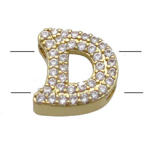 Copper Alphabet Beads Pave Zircon Letter-D 2holes Gold Plated