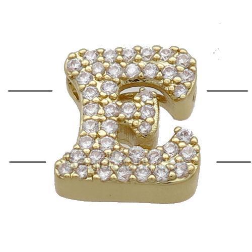 Copper Alphabet Beads Pave Zircon Letter-E 2holes Gold Plated