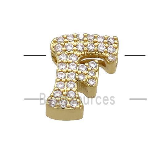 Copper Alphabet Beads Pave Zircon Letter-F 2holes Gold Plated