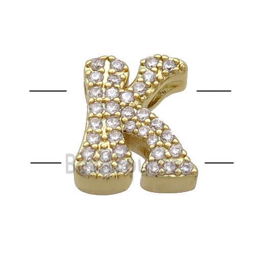 Copper Alphabet Beads Pave Zircon Letter-K 2holes Gold Plated