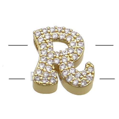 Copper Alphabet Beads Pave Zircon Letter-R 2holes Gold Plated