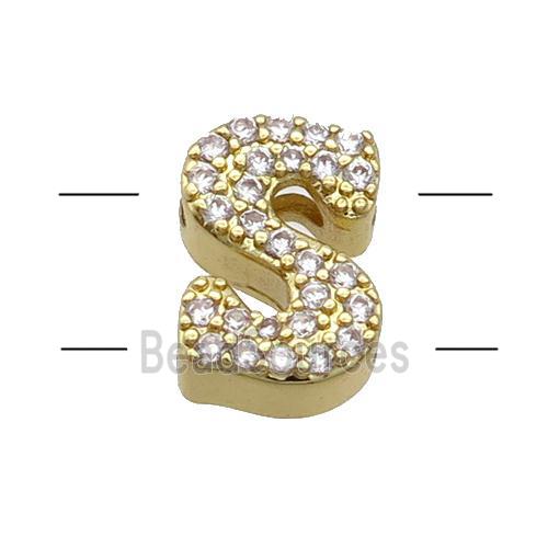 Copper Alphabet Beads Pave Zircon Letter-S 2holes Gold Plated