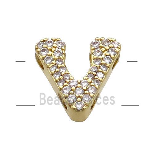 Copper Alphabet Beads Pave Zircon Letter-V 2holes Gold Plated