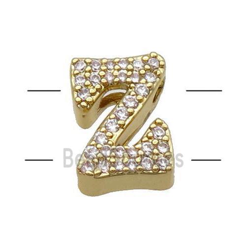 Copper Alphabet Beads Pave Zircon Letter-Z 2holes Gold Plated