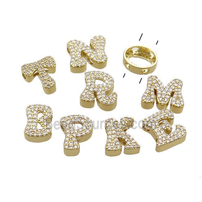 Copper Alphabet Beads Pave Zircon Mixed Letter-A 2holes Gold Plated