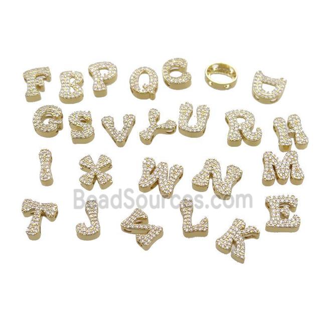 Copper Alphabet Beads Pave Zircon Mixed Letter-A 2holes Gold Plated