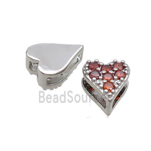 Copper Heart Beads Pave Red Zircon Platinum Plated