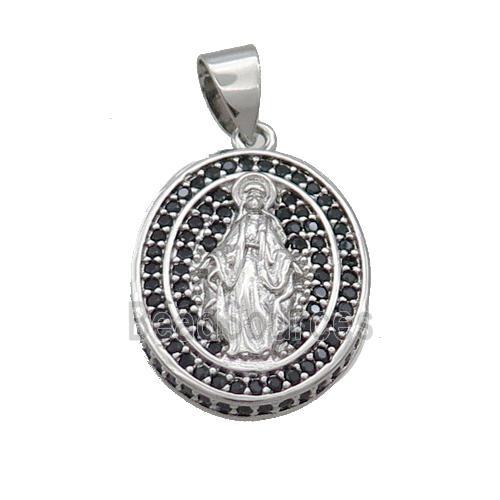 Copper Jesus Pendant Pave Black Zircon Oval Platinum Plated