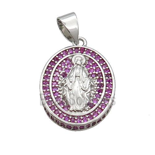 Copper Jesus Pendant Pave Hotpink Zircon Oval Platinum Plated